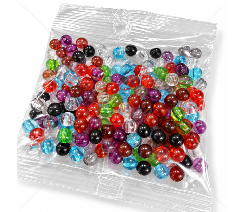 Skaidrūs plastikiniai karoliukai 6 mm, apie 150 vnt.