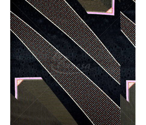 Natūralus šilkas kuponais, geometrinis raštas, juoda spalva