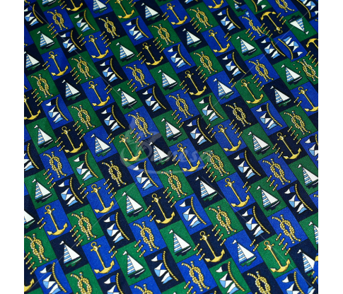 Natural silk in coupons, "Ships", green and blue color
