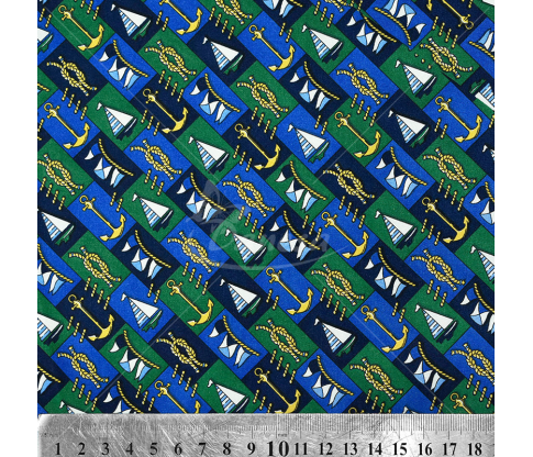 Natural silk in coupons, "Ships", green and blue color