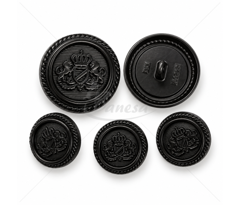 Matte metal button with crown and coat of arms motif, black, 24L / 36L