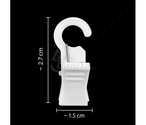 Plastikiniai užuolaidų segtukai su kabliukais, balti, 2,7 cm