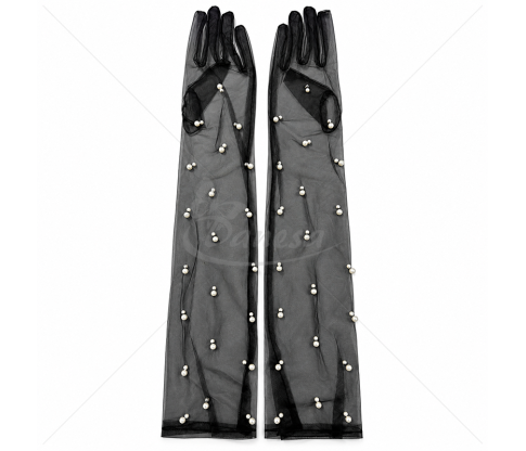 Long Tulle Gloves with Pearls – 55 cm