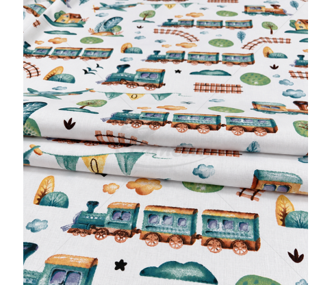 Children's bedding cotton fabric with Trains and Airplanes, White