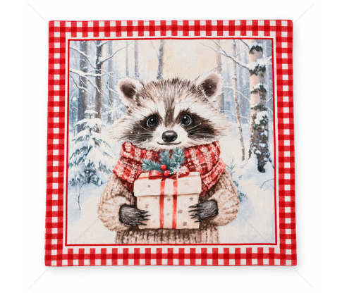Christmas Tapestry Fabric Panel with Raccoon, 48 × 48 cm