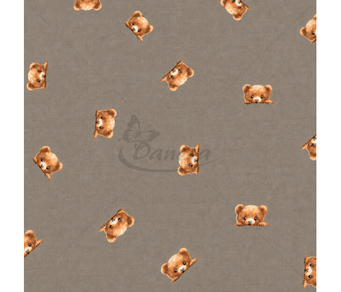 Children's cotton fabric with teddy bears, brown background