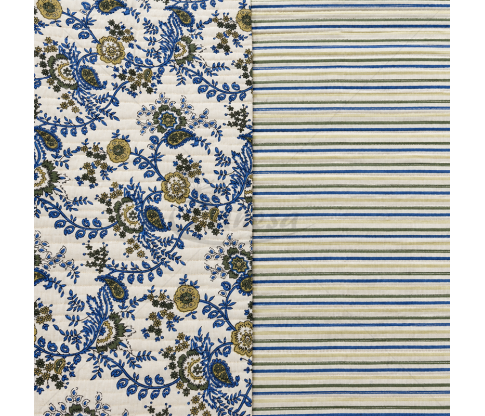 Reversible Quilted Cotton Fabric with Ornamental Flowers and Stripes