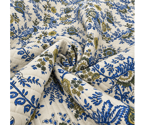 Reversible Quilted Cotton Fabric with Ornamental Flowers and Stripes