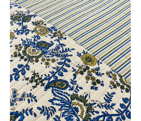 Reversible Quilted Cotton Fabric with Ornamental Flowers and Stripes